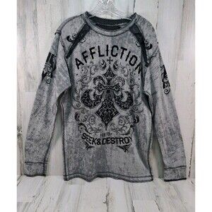 Affliction Thermal Reversible Graphics Distressed Men’s L Blk Grey Moto Raw Edge